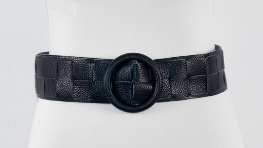 Brede, gevlochten oranje riem van echt leer met ronde gesp