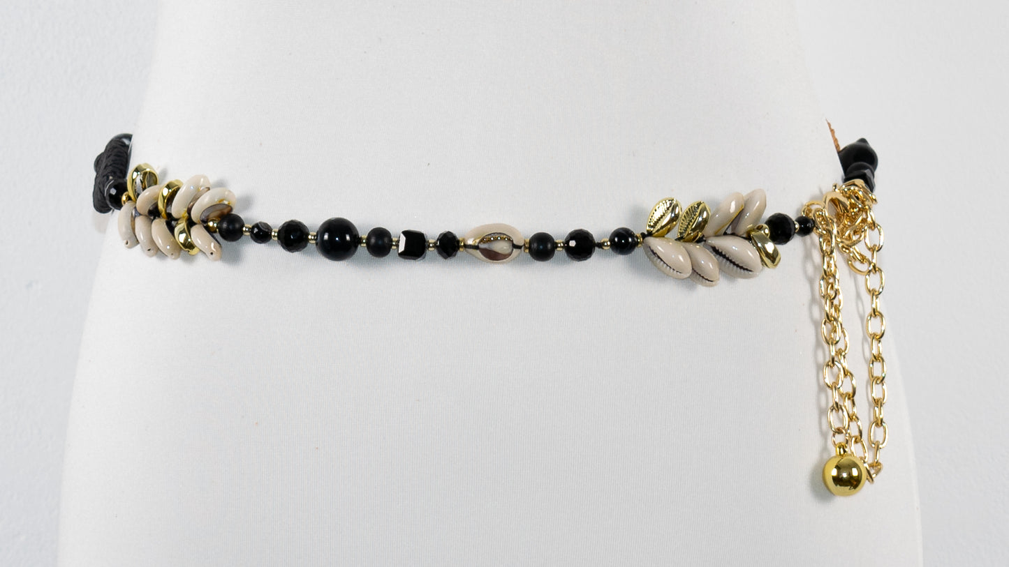 Gold Chain Belt with Black Pearls, Shells, Rattan Elements and Medallions