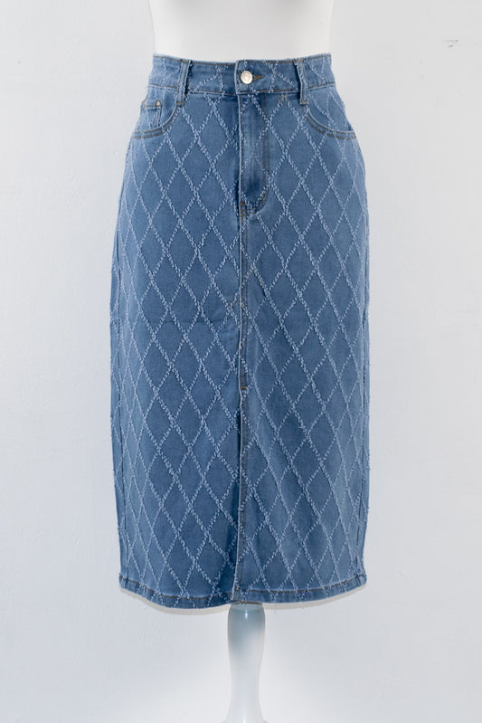 Geborduurde denim kokerrok – chique gewatteerd effect