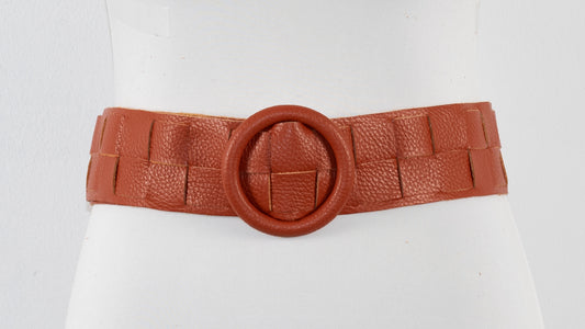 Ceinture orange large et nattée en véritable cuir avec boucle ronde
